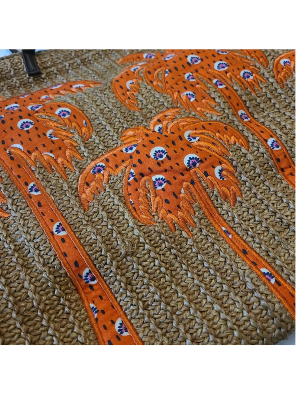 Vera Bradley Straw Large Tote Orange Applique Palm Tree Design Travel Beach Bag